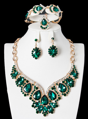 跨境首饰四件套 欧美时尚水晶项链耳环套装女锁骨链礼服宴会配饰