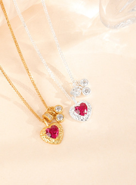 s925纯银红水晶宝石爱心项链女款红色心形吊坠锁骨链