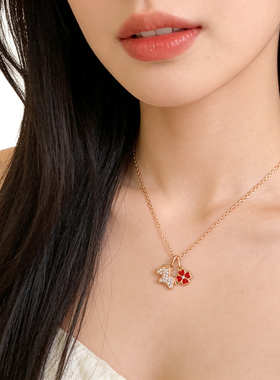 纯银S925红色四叶草小马项链女小众设计爱心生肖马锁骨链