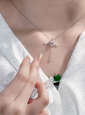 s999纯银爱心翅膀粉钻流苏项链女甜美百搭吊坠小众设计锁骨链饰品