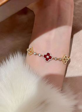 纯银s925天然蔷薇辉石幸运红色四叶草手链手饰女款轻奢小众精致