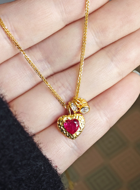 s925纯银红水晶宝石爱心项链女款红色心形吊坠锁骨链