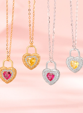 925纯银法式爱心锁头拉丝项链女士复古宫廷风红色锆石锁骨链ins风