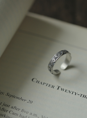 s925银古风云霄男戒指复古冷淡风开口戒祥云可调节小众潮单身饰品