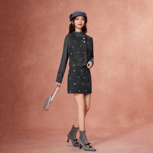 IEF/爱依服2025秋冬新款韩版轻奢气质感通勤显瘦上下三件套短裙 - 图0