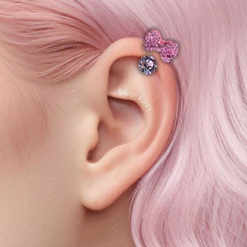 【米妮公主】爆闪粉色蝴蝶结耳钉F136钛合金内螺旋养耳洞耳骨钉 - 图2
