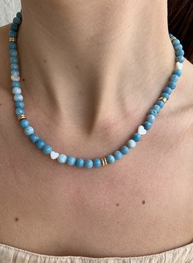 waki 恋恋海风贝壳爱心天蓝色手工串珠项链Darling Sea Breeze