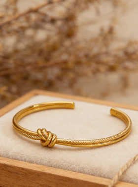 铜镀金素圈打结开口手镯轻奢小众高级感简约手饰品女礼物