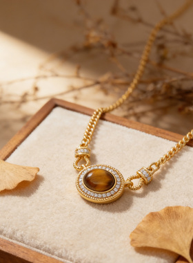 美拉德风虎眼石吊坠复古港风时髦个性气质高级感项链锁骨链