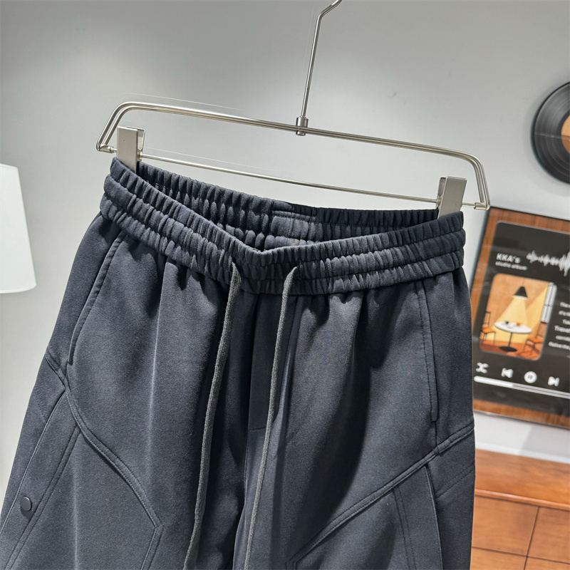 潮牌水洗大口袋休闲裤男士秋冬加厚宽松束脚运动卫裤松紧腰工装裤 - 图0