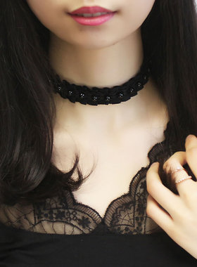 原宿复古脖子饰品 黑色褶皱颈带项链 韩版女蕾丝款短款朋克锁骨链