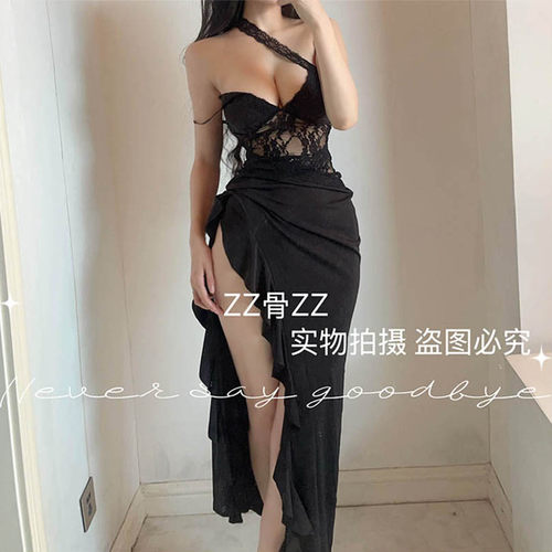 ZZ骨ZZ 街头时尚设计感开叉斜肩蕾丝拼接半透明吊带裙连衣裙长裙 - 图3