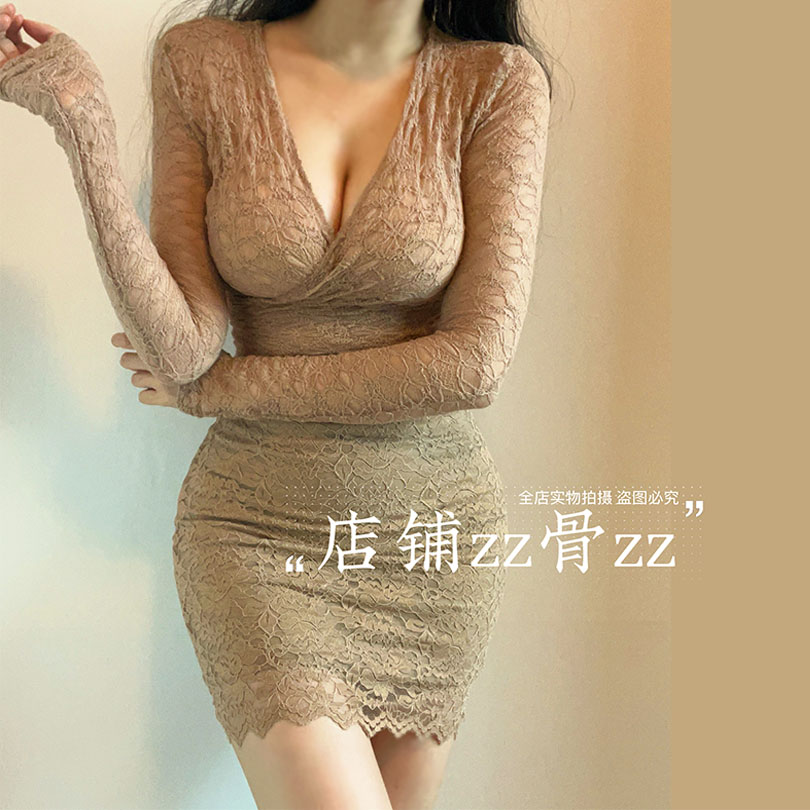 ZZ骨ZZ秋季新款法式复古优雅气质女人味V领蕾丝褶皱半透明长袖T恤 - 图1