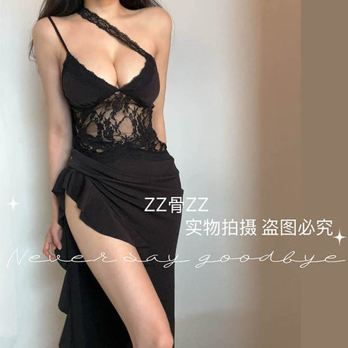 ZZ骨ZZ 街头时尚设计感开叉斜肩蕾丝拼接半透明吊带裙连衣裙长裙 - 图0