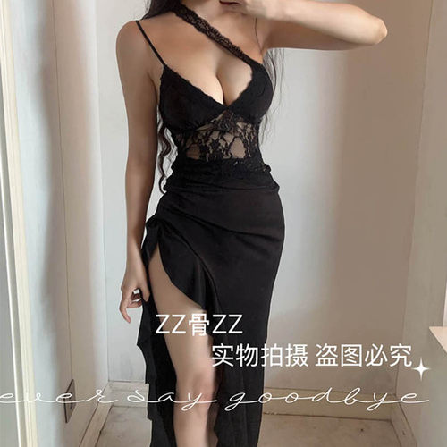ZZ骨ZZ 街头时尚设计感开叉斜肩蕾丝拼接半透明吊带裙连衣裙长裙 - 图2