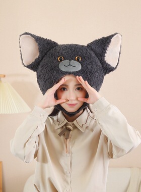 日系少女心灰色卷毛猫头套帽子女