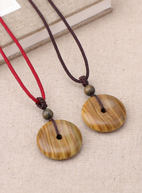 天然绿檀木平安扣项链长款木质吊坠民族风毛衣链古风饰品新款挂件