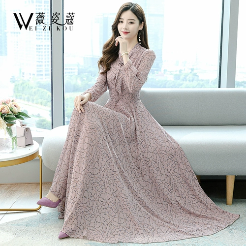 Осеннее платье, длинный осенний лонгслив, элитная шифоновая длинная юбка, в цветочек, коллекция 2022