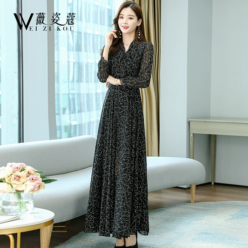 Осеннее платье, длинный осенний лонгслив, элитная шифоновая длинная юбка, в цветочек, коллекция 2022