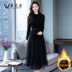 Váy dệt kim đầu thu đông 2019 Thu đông mới cho phụ nữ lắp ráp áo với lưới khí trên đầu gối dài - váy đầm váy len mùa đông váy đầm