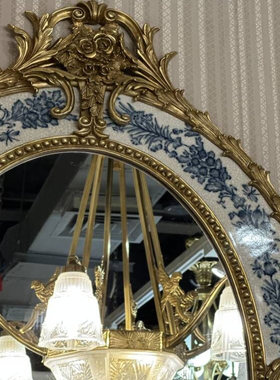 欧式轻奢美式复古铜椭圆镜摆件