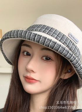 红色赫本风毛呢盆帽女秋冬优雅格子卷边礼帽气质穿搭保暖渔夫帽子