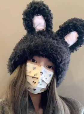 新款秋冬韩版甜美可爱兔耳朵加厚保暖毛绒帽子ins网红针织帽百搭