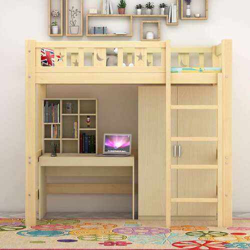 【香港包邮】高低床带书桌实木衣柜床儿童床上下铺高架床多功能组 - 图0