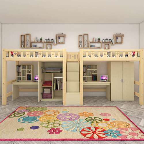 【香港包邮】高低床带书桌实木衣柜床儿童床上下铺高架床多功能组 - 图1