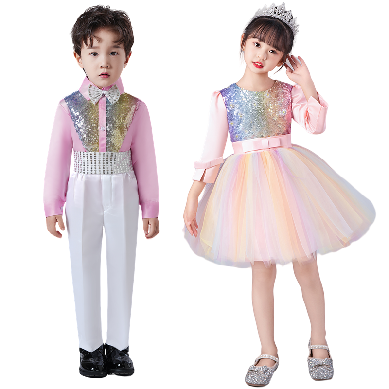 儿童演出服女童长袖七彩蓬蓬裙幼儿园舞蹈裙小学生集体朗诵合唱服,淘宝优惠券,粉丝福利购,淘宝优惠卷