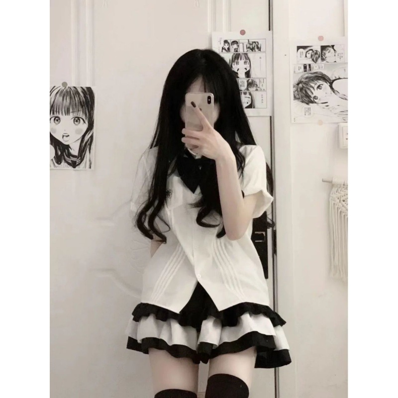 胡烈娜jk制服套装女学生宽松可爱软妹短袖衬衫女蛋糕半身裙两件邦 - 图0