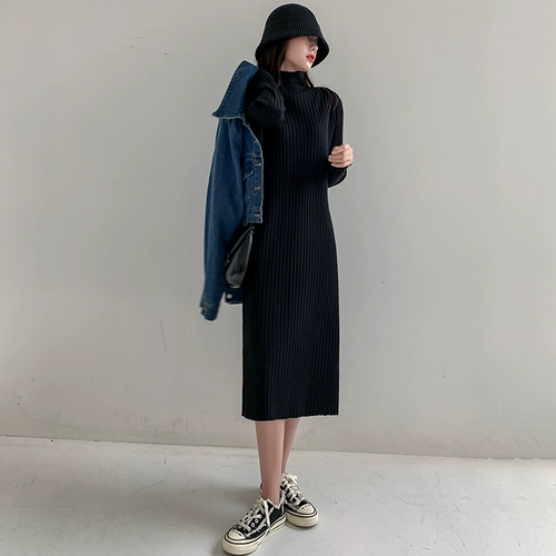 Демисезонное длинное трикотажное платье, шерстяное платье, черное платье большого размера, средней длины, высокий воротник, свободный крой