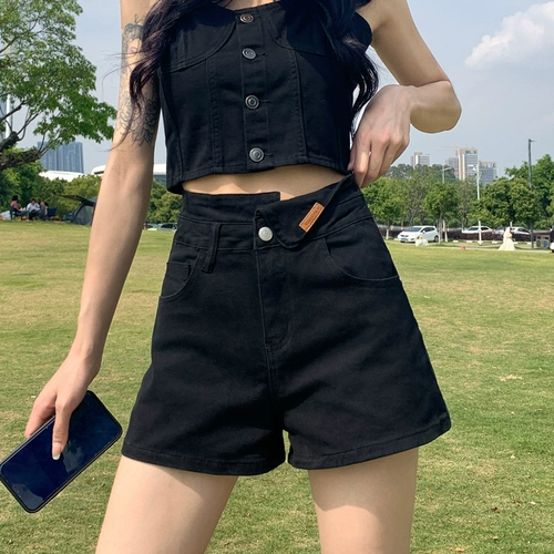 Черная джинсовая юбка, шорты, штаны, высокая талия, 2024 года, А-силуэт, свободный крой