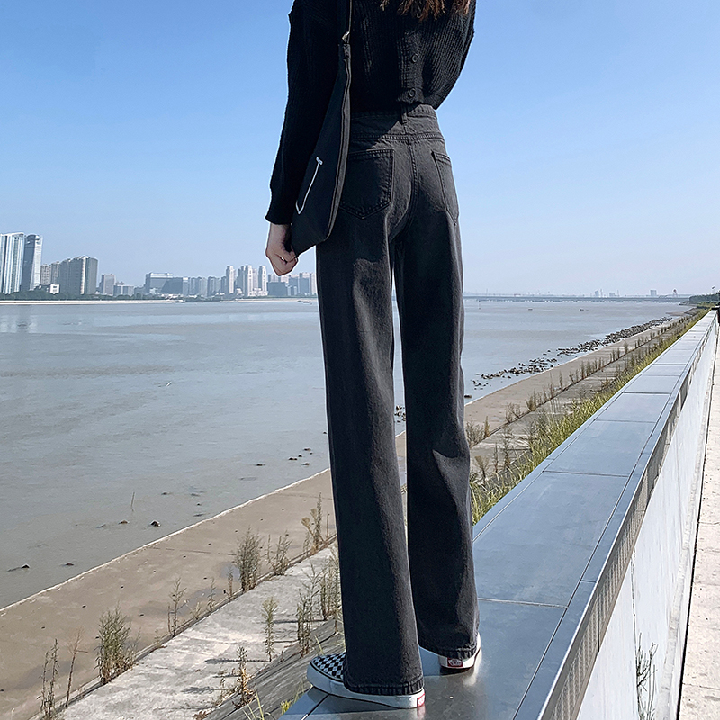 烟灰色高腰阔腿裤直筒秋冬潮牛仔裤 灵貂牛仔裤