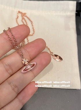 Misa officail｜鎏金珐琅小土星蓝绿平面珍珠锁骨链叠戴小众高级