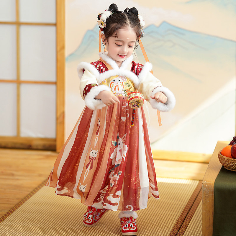 拜年服女童汉服冬款儿童古风襦裙小女孩超仙连衣裙宝宝中国风唐装,淘宝优惠券,粉丝福利购,淘宝优惠卷