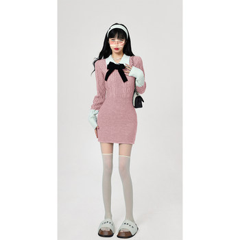 Aunt Barbie knitted dress ຍິງດູໃບໄມ້ລົ່ນແລະລະດູຫນາວ preppy skirt ທີ່ມີແຂນຍາວ sweater skirt bag hip skirt ວັນຄຣິດສະມາດ skirt