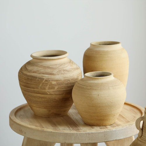 复古做旧土陶罐黄色陶瓷花瓶侘寂风仿真花花器客厅玄关摆设饰品 - 图3