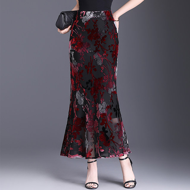 Retro skirt fishtail skirt for women 2025 spring and summer new style high waist hip and slim flocked mesh skirt long skirt