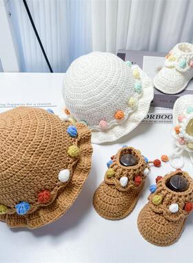 孕期手工diy编织春秋宝宝纯棉毛线花边帽婴儿高帮鞋子钩针材料包