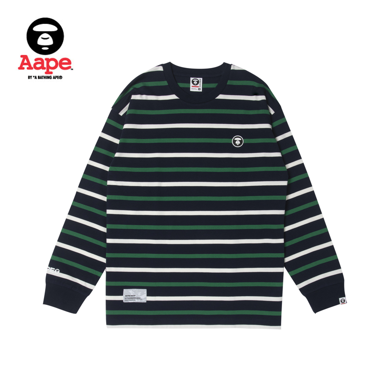 Aape旗舰店男装春夏猿人徽章简约印花撞色条纹潮流长袖T恤1370XXL