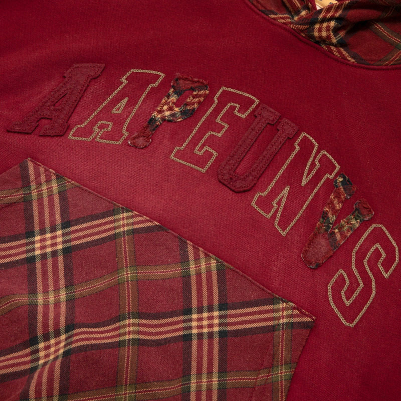 Aape旗舰店女装秋冬复古做旧拼接格纹美式薄绒连帽卫衣D330XAP,淘宝优惠券,粉丝福利购,淘宝优惠卷