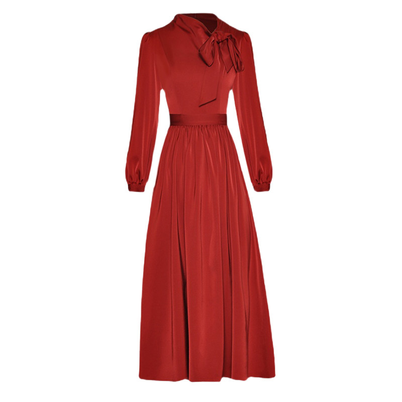 高级醋酸长袖连衣裙气质收腰裙子 围色妖娆连衣裙