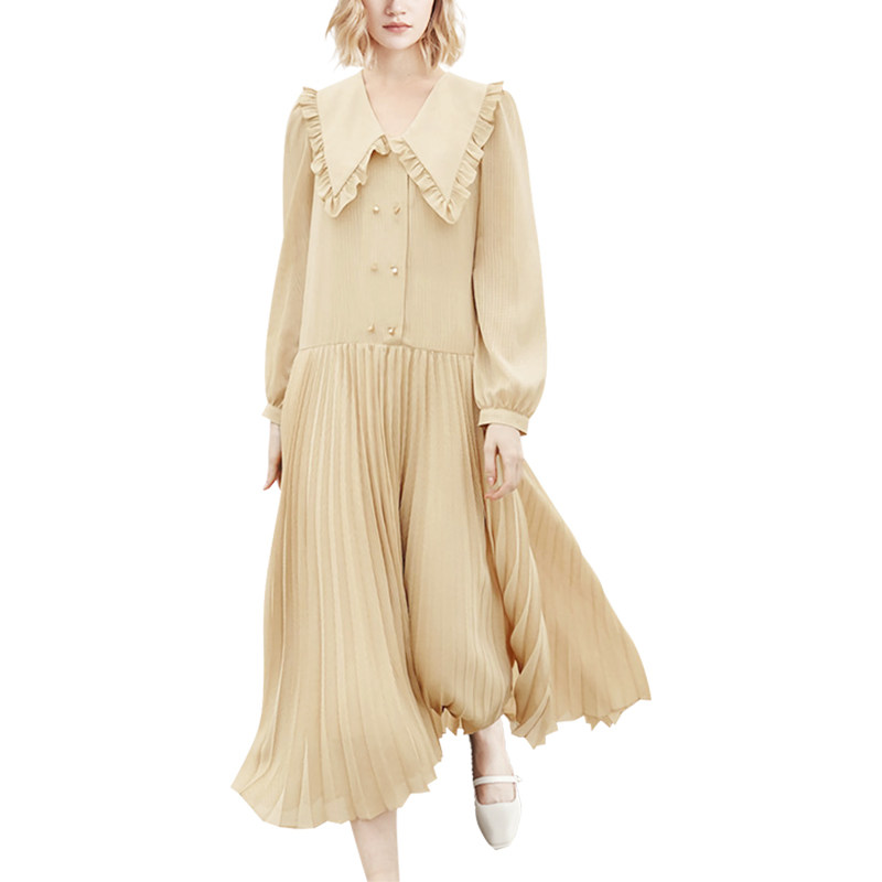 法式长袖连衣裙2022年春季百褶裙 围色妖娆连衣裙