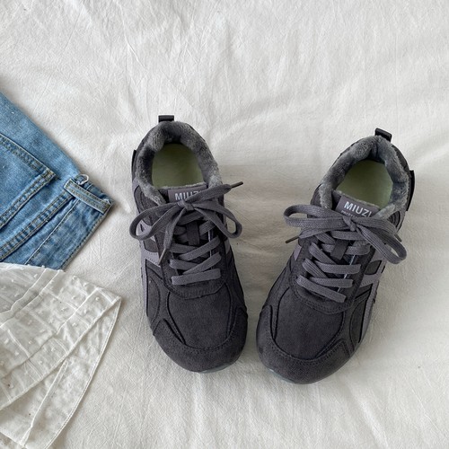 喜叔灰紫色厚底加绒德训鞋女款冬季保暖二棉运动鞋复古休闲阿甘鞋 - 图0