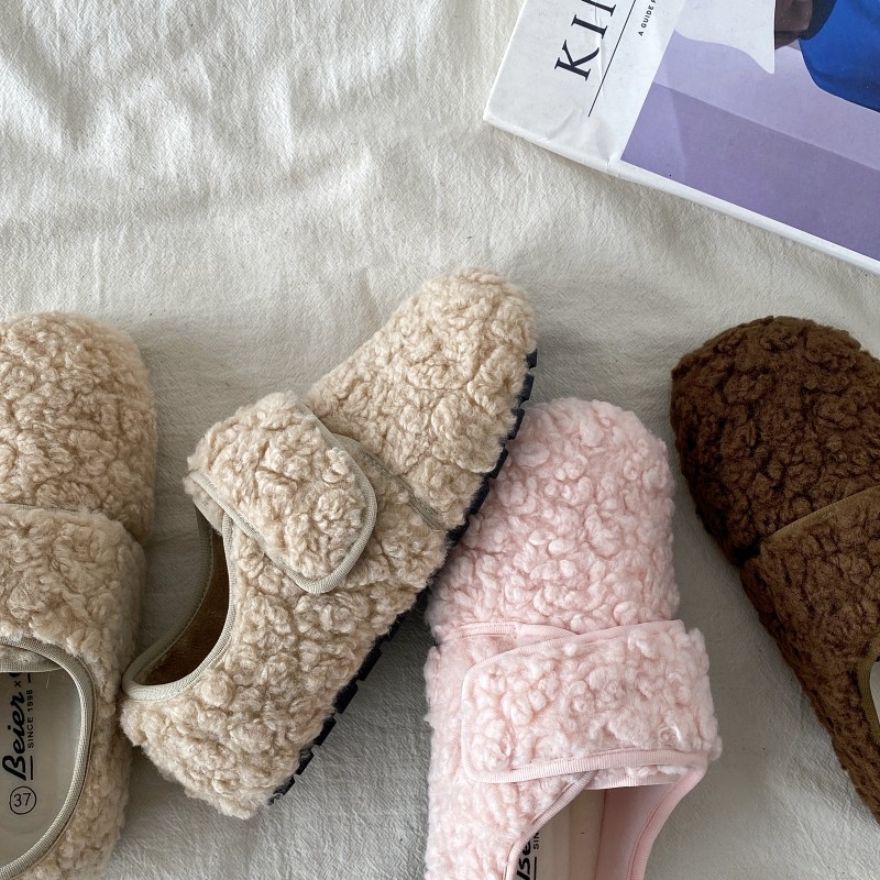 喜叔粉色魔术贴毛毛鞋女秋冬百搭平底加绒二棉鞋保暖羊羔毛豆豆鞋,淘宝优惠券,粉丝福利购,淘宝优惠卷