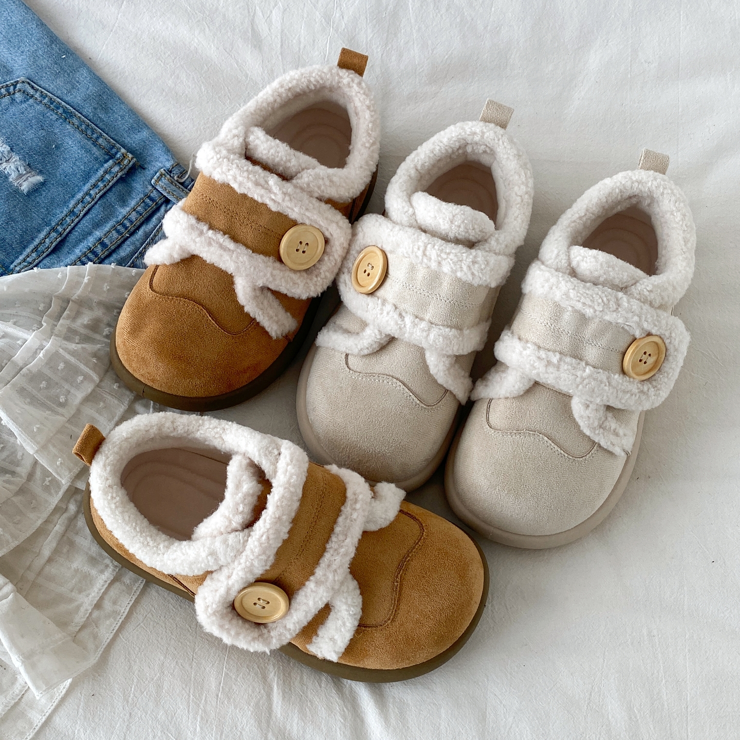 喜叔丑萌大头魔术贴毛毛鞋女2025新款冬季保暖加绒棉鞋厚底雪地靴 - 图1