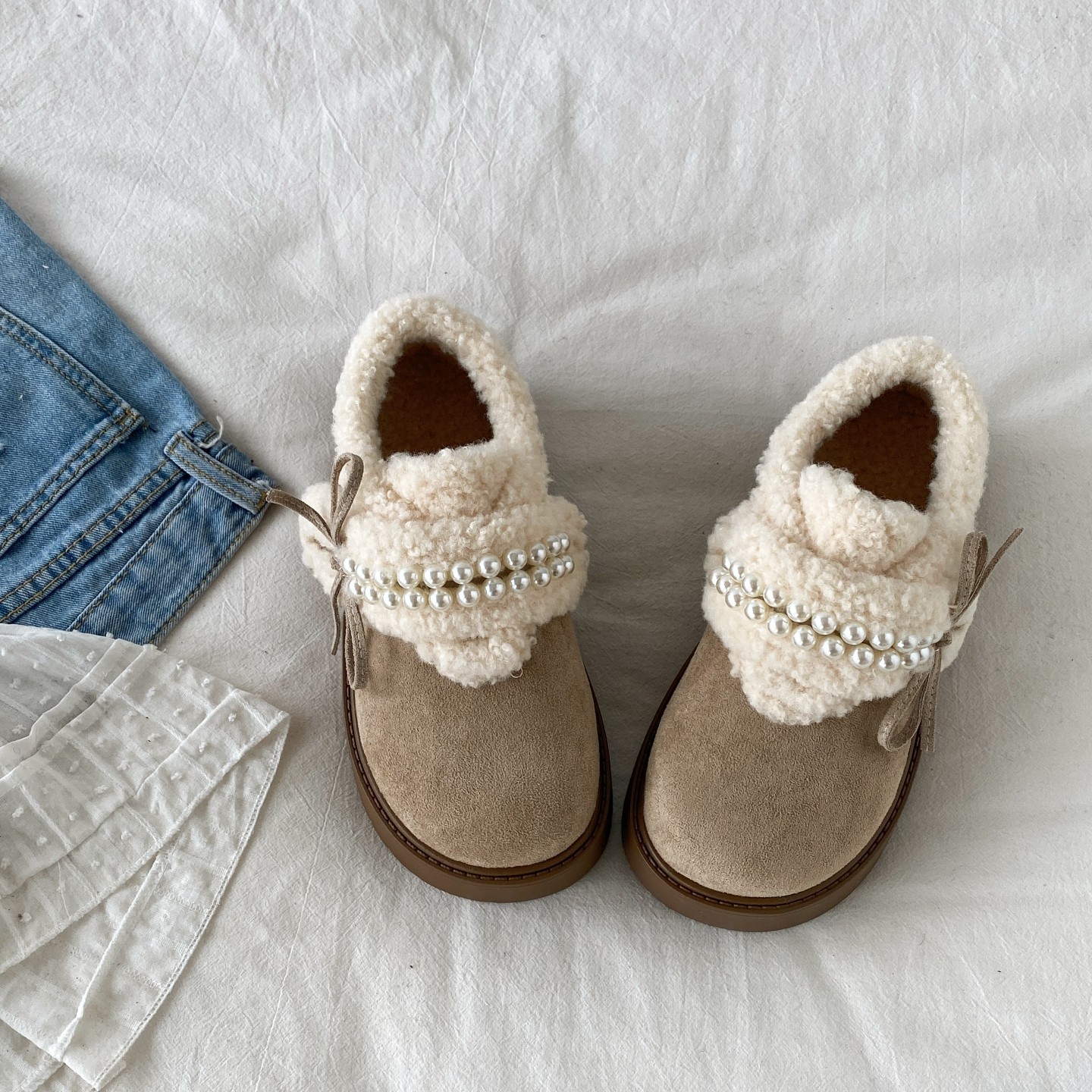 喜叔法式珍珠蝴蝶结加绒勃肯鞋女冬季外穿保暖厚底毛毛棉鞋雪地靴,淘宝优惠券,粉丝福利购,淘宝优惠卷