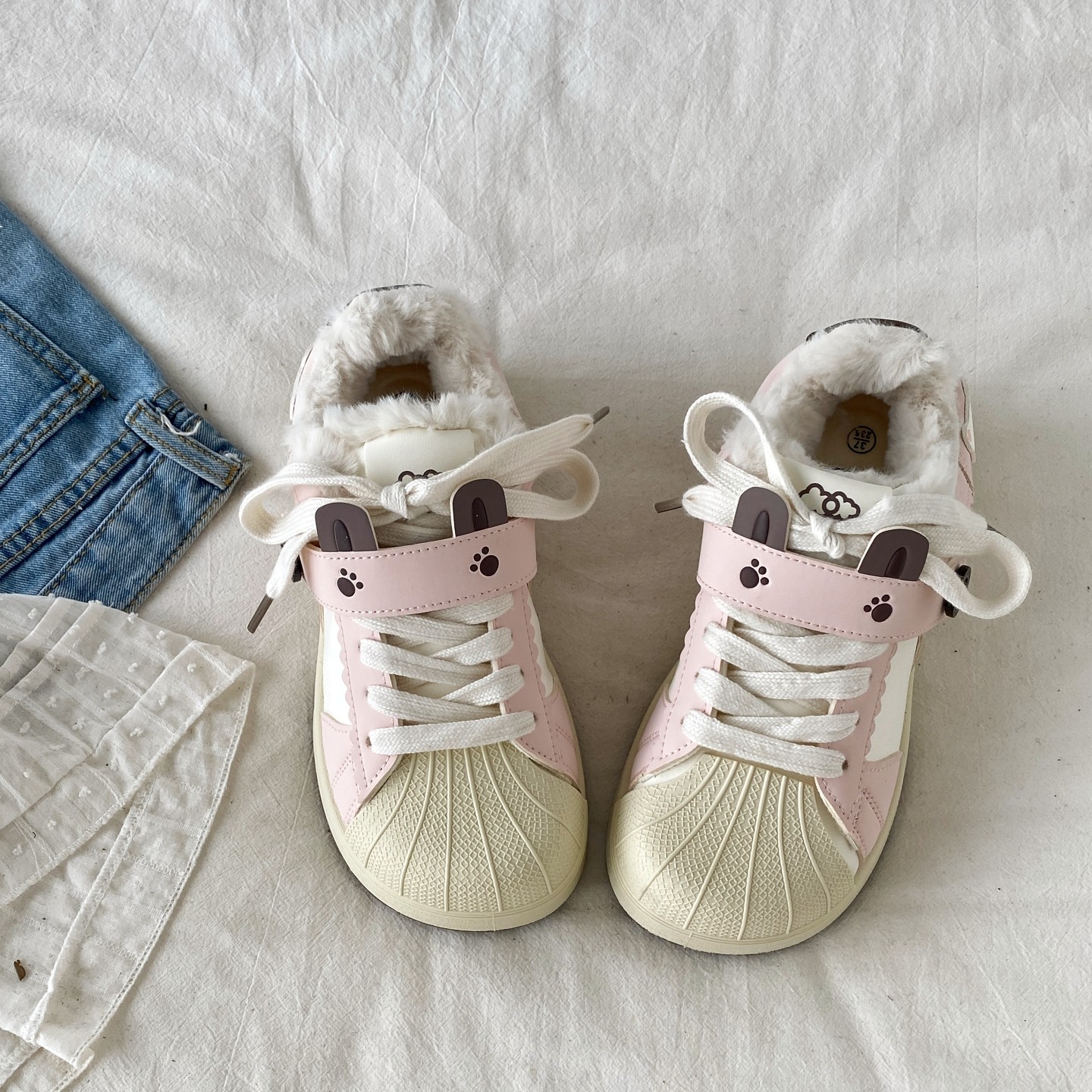 喜叔丑萌小众粉色二棉鞋女2025新款冬季加绒贝壳头板鞋厚底小白鞋,淘宝优惠券,粉丝福利购,淘宝优惠卷