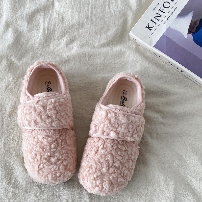 喜叔粉色魔术贴毛毛鞋女秋冬百搭平底加绒二棉鞋保暖羊羔毛豆豆鞋,淘宝优惠券,粉丝福利购,淘宝优惠卷